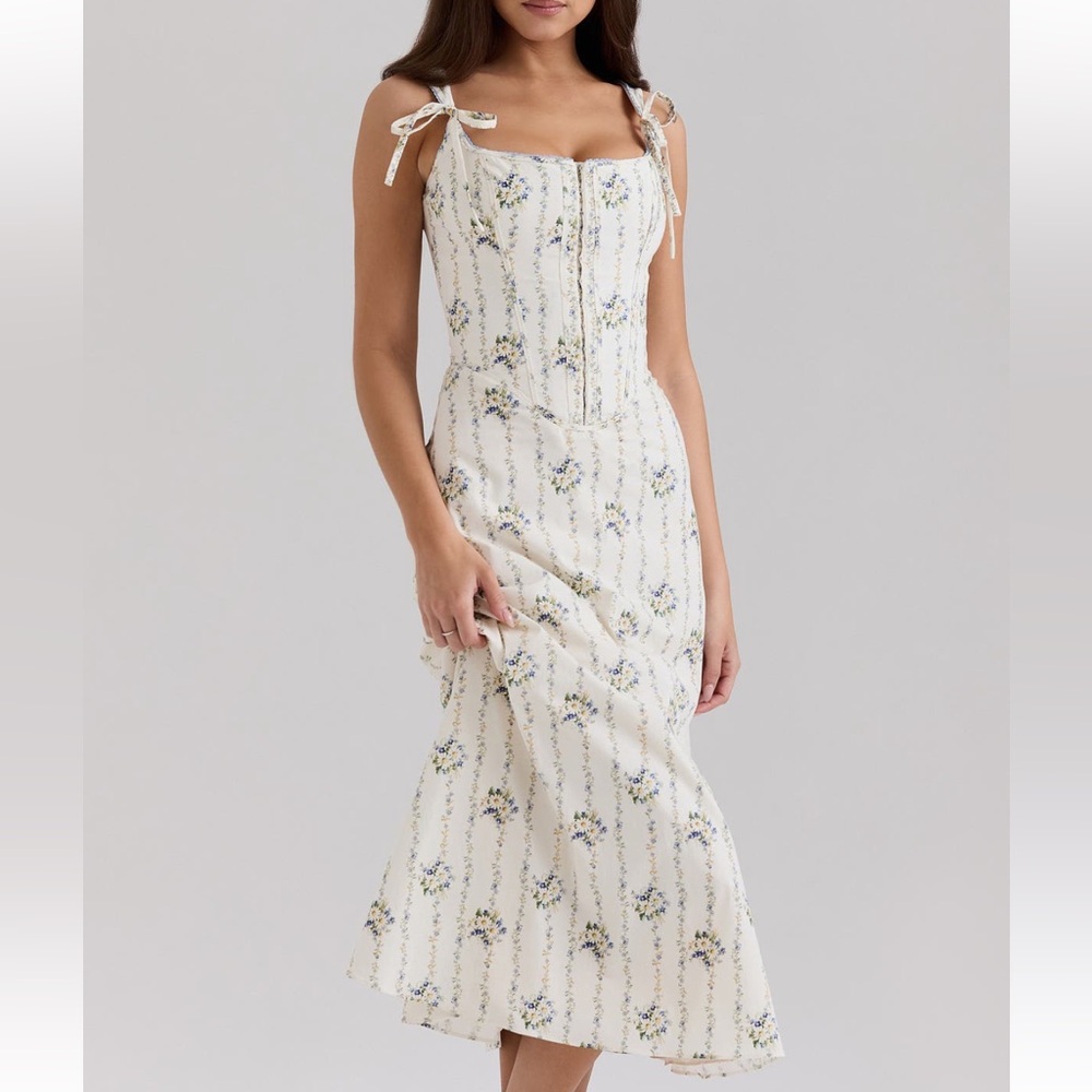 NWOT HOUSE OF CB DIONNE CORSET MIDI SUN DRESS SIZE SMALL DAISY STRIPE